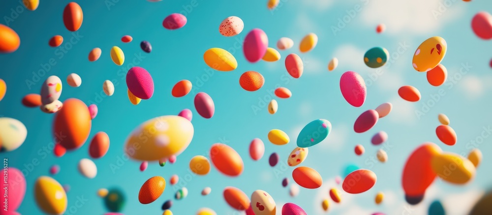 Colorful Easter Eggs Cascading from the Sky in a Bright Blue Cloudy Background Celebrating the Joy of Spring and Festivity Colorful Easter Eggs Cascading from the Sky in a Bright Blue Cloudy Background Celebrating the Joy of Spring and Festivity