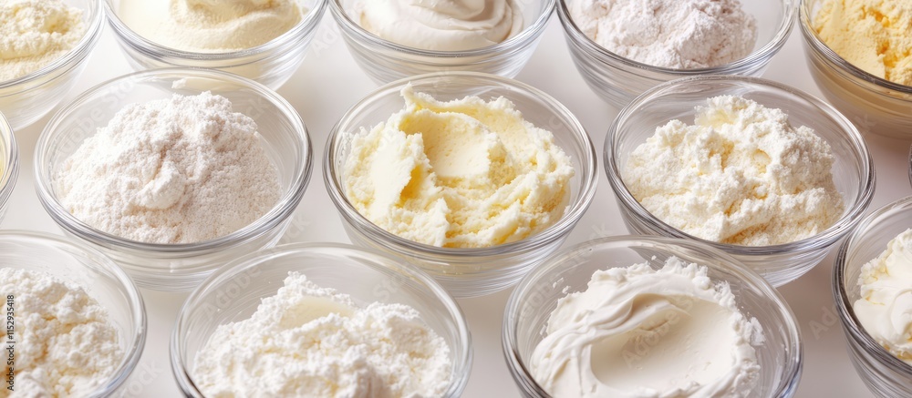 Measured ingredients in glass bowls ready for mixing buttercream frosting for delicious mini cupcakes