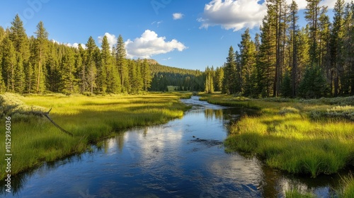 Serene river flowing through a lush green meadow surrounded by tall pine trees under a clear blue sky. photo