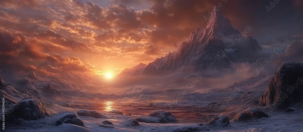 Fototapeta premium Majestic mountain landscape illuminated by sunrise with dramatic clouds and reflective water creating a serene atmosphere.