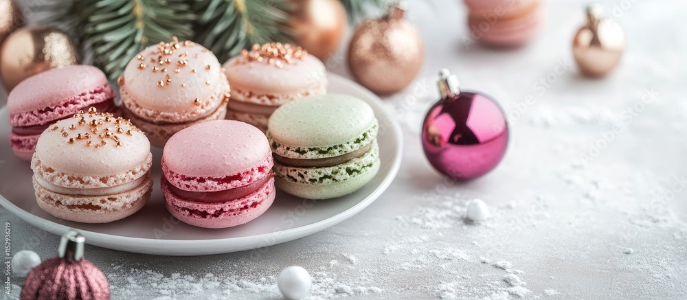 Fototapeta premium Festive macarons arranged on a plate with Christmas ornaments and pine branches on a frosty background
