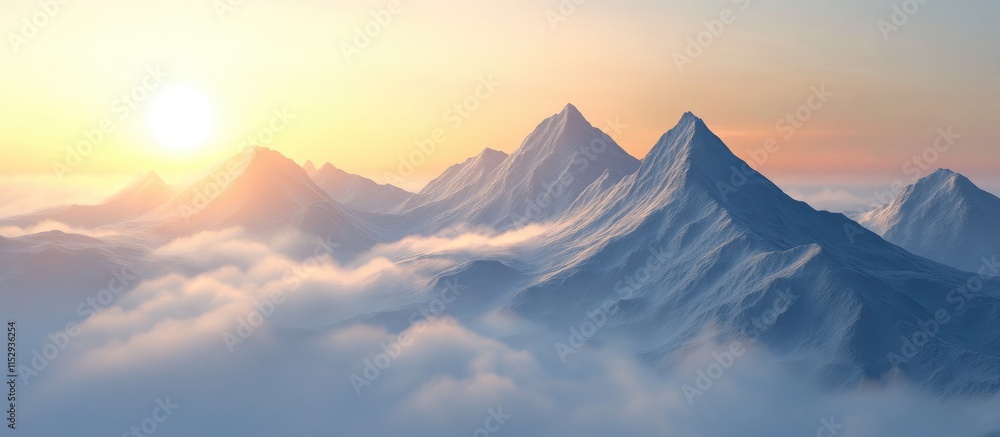 Naklejka premium Majestic sunrise over misty mountains in Italy showcasing serene natural beauty and stunning alpine landscape.