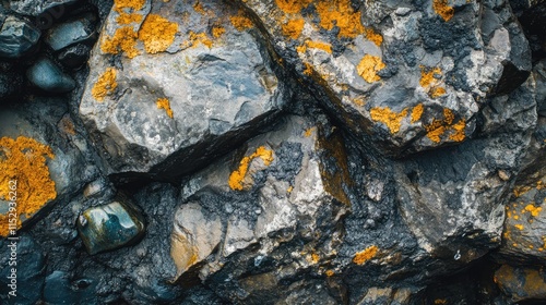 Textured surface of natural volcanic stones with vibrant orange lichen creating a striking grungy appearance in a rugged landscape. photo