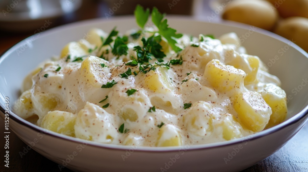 Delicious creamy potato salad topped with fresh herbs served in a bowl on a wooden table perfect for summer gatherings. Delicious creamy potato salad topped with fresh herbs served in a bowl on a wooden table perfect for summer gatherings.