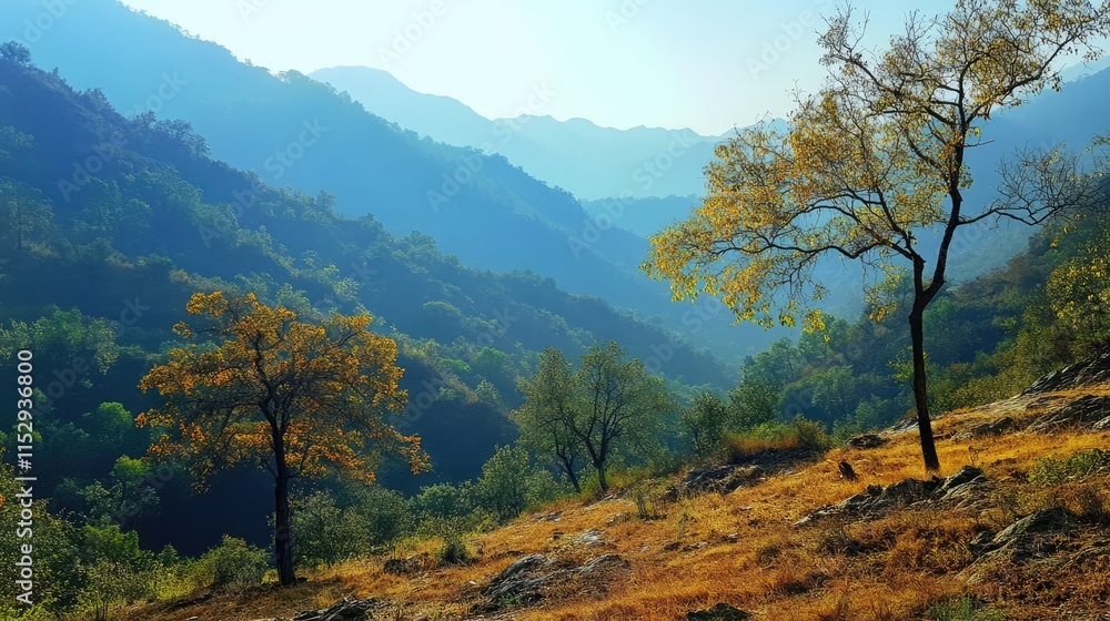 Scenic Mountain Landscape with Lush Greenery and Autumn Foliage in the Foreground under Bright Clear Skies Scenic Mountain Landscape with Lush Greenery and Autumn Foliage in the Foreground under Bright Clear Skies