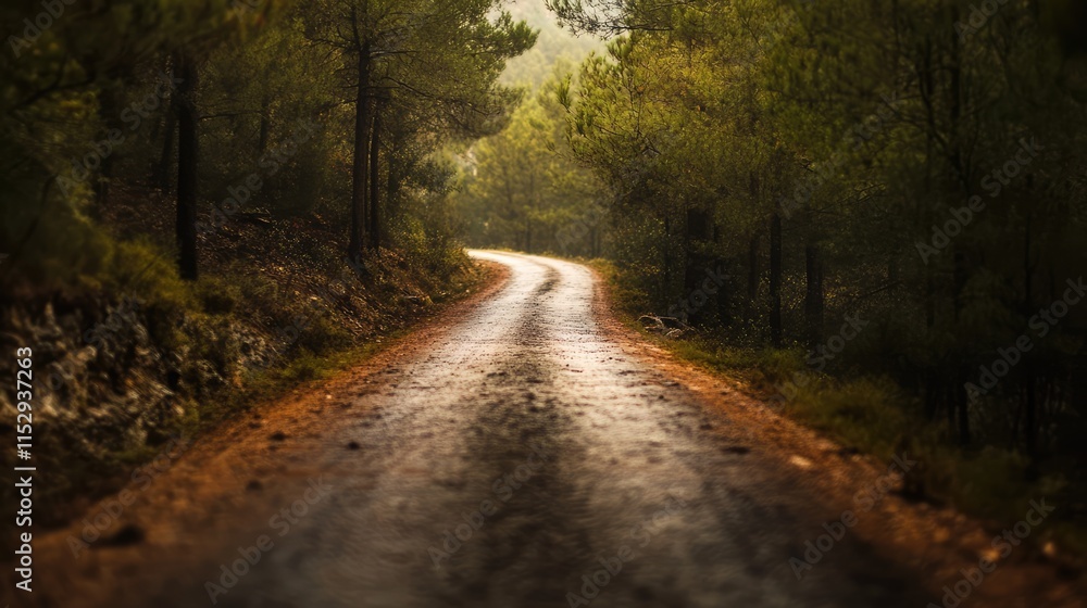 Fototapeta premium Serene winding road through a lush green forest with rain-soaked pavement and soft sunlight peeking through the trees