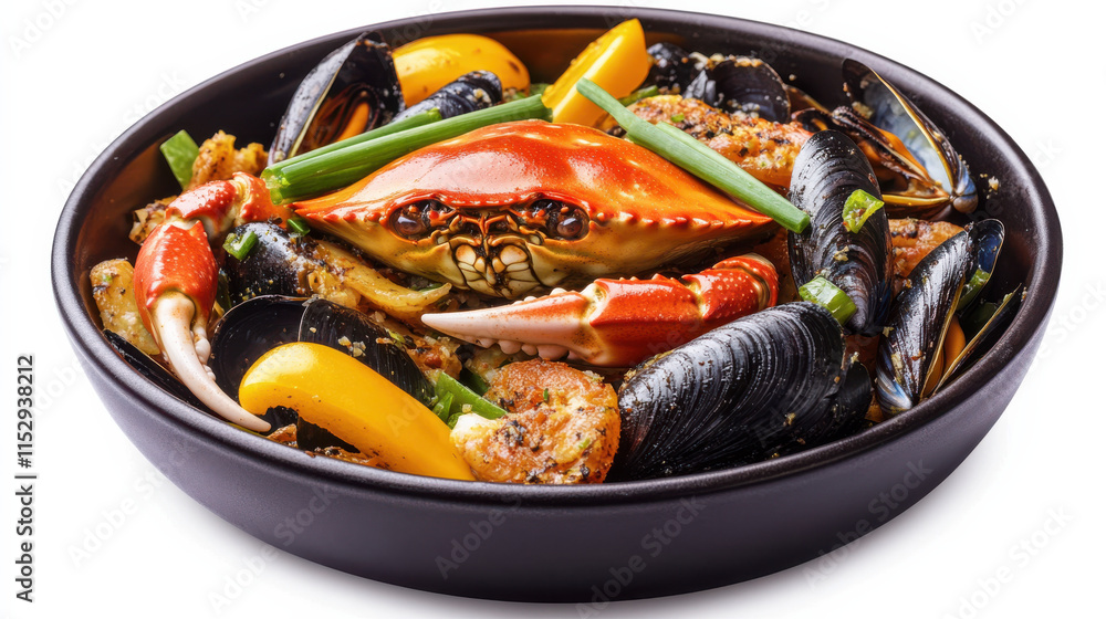 A vibrant crab and mussel dish in a detailed food styling, warm golden and crimson tones for the seafood, set in a sleek black bowl. The vegetables are bright and complementary (green onions, yellow b A vibrant crab and mussel dish in a detailed food styling, warm golden and crimson tones for the seafood, set in a sleek black bowl. The vegetables are bright and complementary (green onions, yellow b