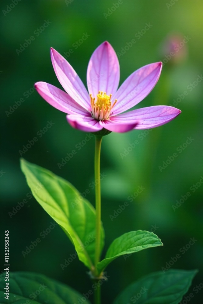 A delicate purple and white flower blooms on a lush green stem amidst leafy foliage, nature, botanical A delicate purple and white flower blooms on a lush green stem amidst leafy foliage, nature, botanical