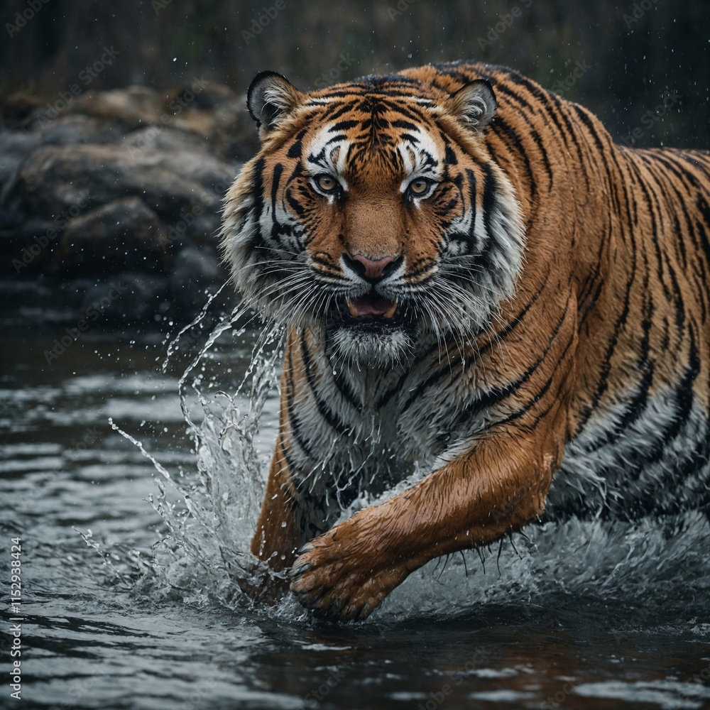 Fototapeta premium Siberian tiger, Panthera tigris altaica, low angle photo direct face view, running in the water directly at camera with water splashing around. Attacking predator in action.