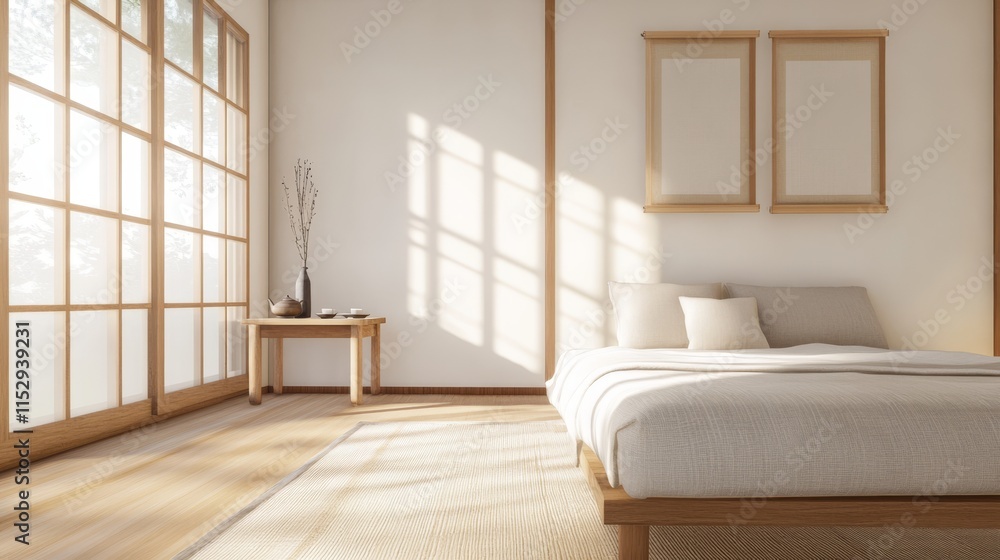 Obraz premium A peaceful Japanese bedroom features a futon, low wooden table with a tea set, and soft, calming light