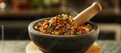 Vibrant spice mixture in a traditional mortar with wooden pestle on a bright kitchen table showcasing culinary preparation creativity photo