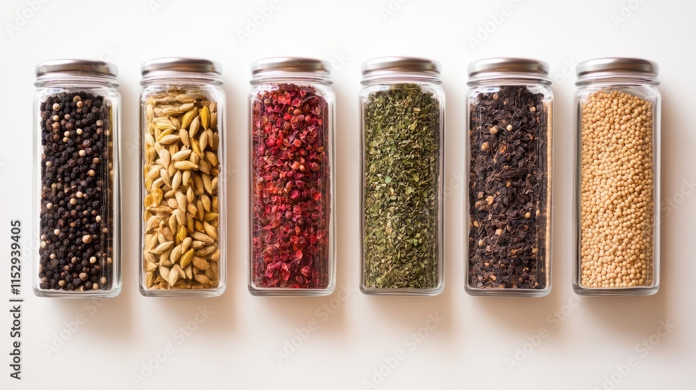 Diverse collection of natural spices in glass jars showcasing vibrant colors and textures for culinary creativity and flavor enhancement Diverse collection of natural spices in glass jars showcasing vibrant colors and textures for culinary creativity and flavor enhancement