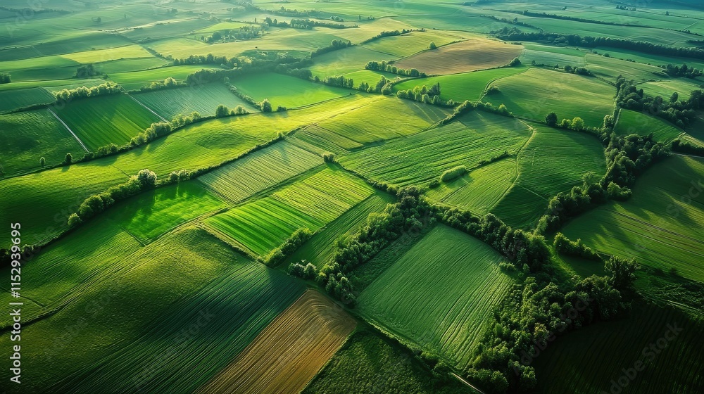 Fototapeta premium Aerial view of lush green farmland and fields under sunlight showcasing varied textures and patterns in agricultural land.