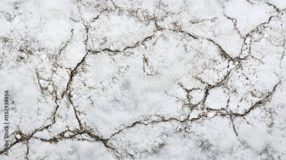 Fototapeta premium Snowy ground texture with intricate cracks highlighting natural patterns in a winter landscape closeup top view of snow crust.
