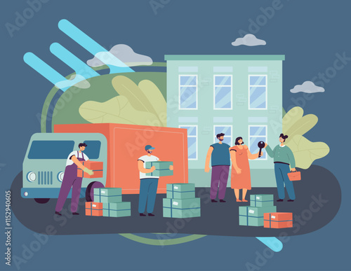 Agent giving keys to new house to moving family. Happy people moving to new home in city, things and furniture in boxes, truck flat vector illustration. Relocation concept for banner, website design