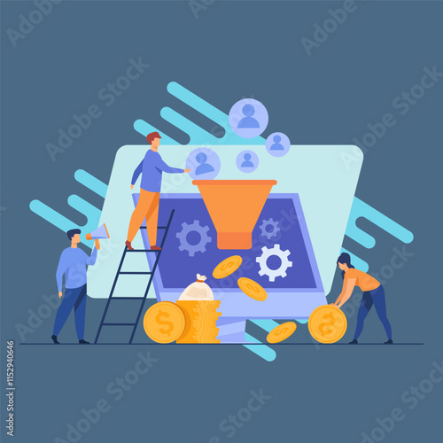 Bloggers attracting audience and getting money. Influencers generating new leads. SMM managers working on followers retention and inbound. Vector illustration for social media marketing concept