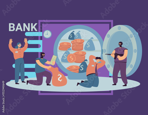 Banking thieves in masks threatening bank workers flat vector illustration. Cartoon robbers taking money from safe. Bank robbery and finance crime concept