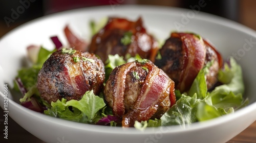 Bacon-wrapped meatballs served on a bed of fresh salad in a white bowl showcasing a delicious gourmet dish. photo