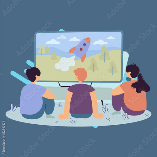 Back view of kids watching TV show isolated flat vector illustration. Cartoon children sitting in front of television screen. Entertainment and childhood concept