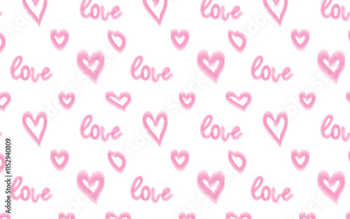 Seamless pattern of hand-drawn pink hearts and 