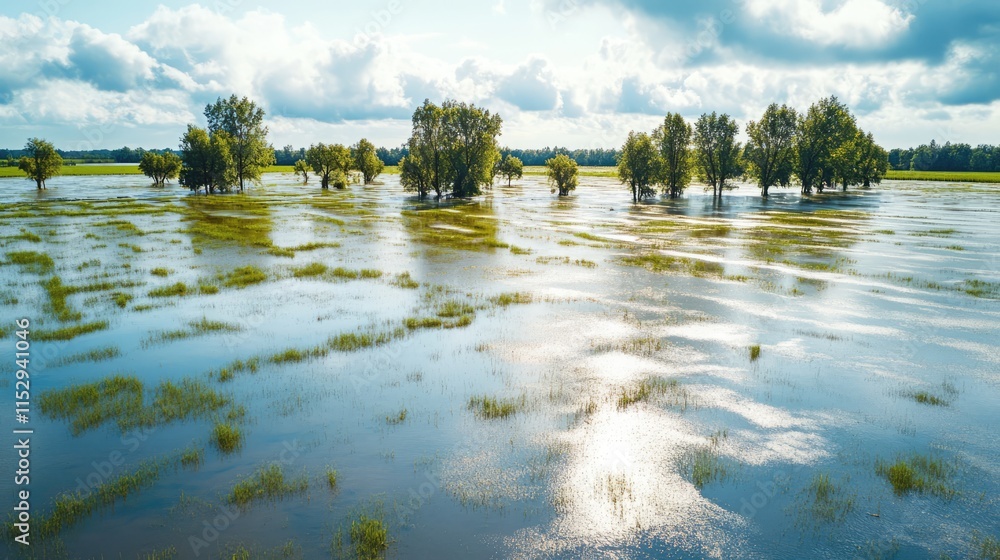 Fototapeta premium Aerial Scenic View of Flooded Rice Fields Surrounded by Green Trees Under a Cloudy Sky in an Agricultural Village Setting