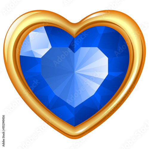 Blue shining diamond heart 3D shape in gold frame on white background