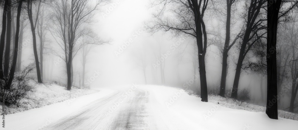 Obraz premium Winter mountain road enveloped in thick fog surrounded by bare trees creating a serene and mysterious atmosphere