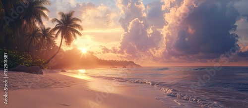 Serene sunrise illuminating a tropical beach with palm trees and gentle waves under a colorful sky filled with clouds and sunlight.
