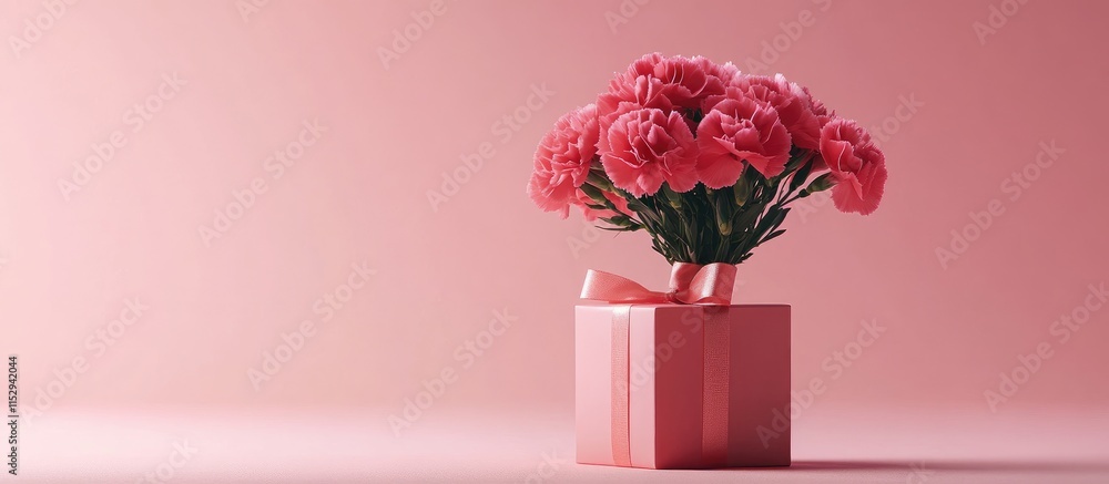 Fototapeta premium Mother's Day gift design featuring a pink carnation bouquet and a wrapped gift box on a soft pink background with ample copy space