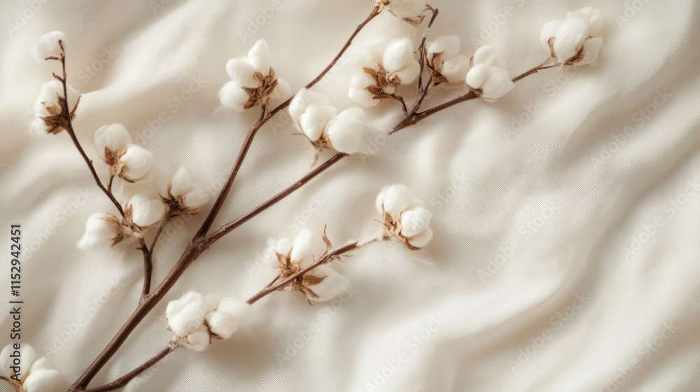 Organic cotton branch on soft fabric background showcasing natural fibers and sustainable materials for eco-friendly living. Organic cotton branch on soft fabric background showcasing natural fibers and sustainable materials for eco-friendly living.