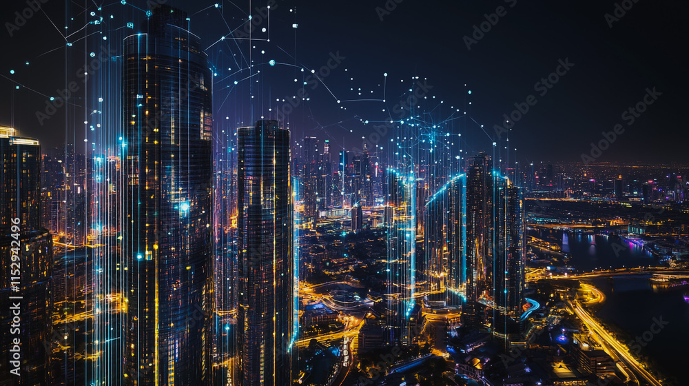 Obraz premium Abstract businesswoman stands on the peak of success Smart digital city with connection cyber security network reciprocity over the cityscape future wireless digital city and social media networking