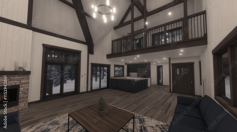 Modern Farmhouse Interior Design with Loft and Fireplace Modern Farmhouse Interior Design with Loft and Fireplace