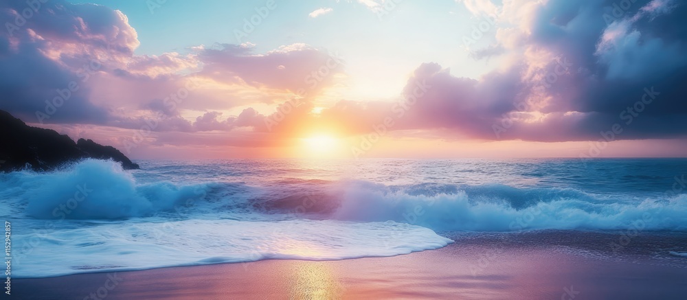 Naklejka premium Dreamy sunset over a tranquil ocean with gentle waves and colorful skies reflecting nature's beauty and serenity.
