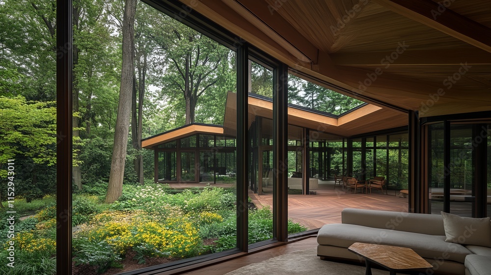 Modern Glass House Overlooking Lush Garden Modern Glass House Overlooking Lush Garden