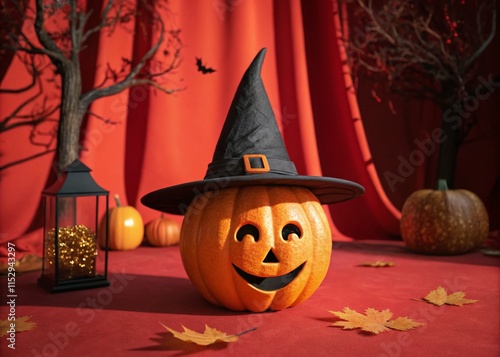 3D Rendered Pumpkin in Witch Hat, Halloween Banner, Red Background Stock Photo photo