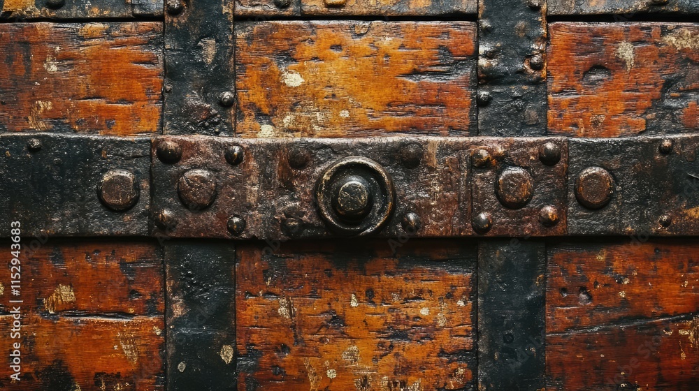 Close up view of the natural texture and weathered surface of an antique wooden trunk with metal accents and rustic character Close up view of the natural texture and weathered surface of an antique wooden trunk with metal accents and rustic character