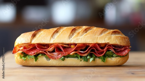 Freshly Made Submarine Sandwich with Layers of Salami and Crisp Lettuce on a Wooden Surface Ready for Serving photo