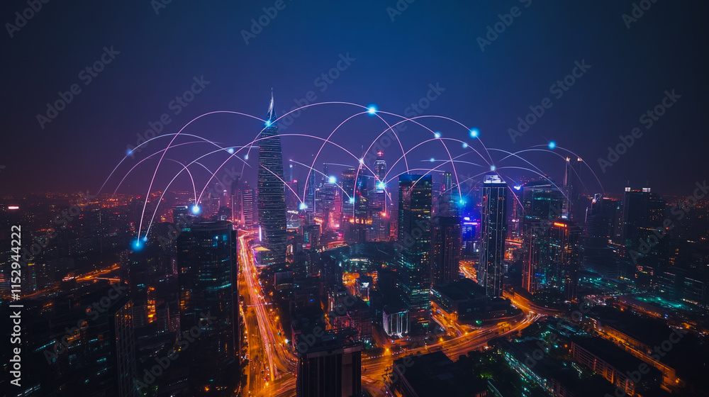 Naklejka premium Abstract businesswoman stands on the peak of success Smart digital city with connection cyber security network reciprocity over the cityscape future wireless digital city and social media networking