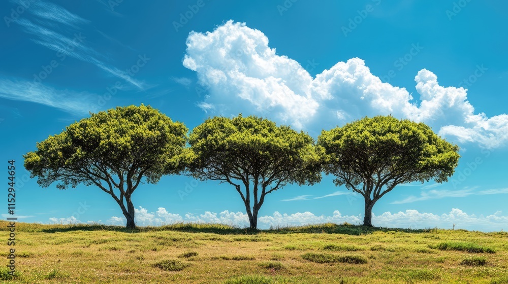 Tranquil Summer Landscape with Lush Green Trees Against a Bright Blue Sky and Fluffy White Clouds Tranquil Summer Landscape with Lush Green Trees Against a Bright Blue Sky and Fluffy White Clouds
