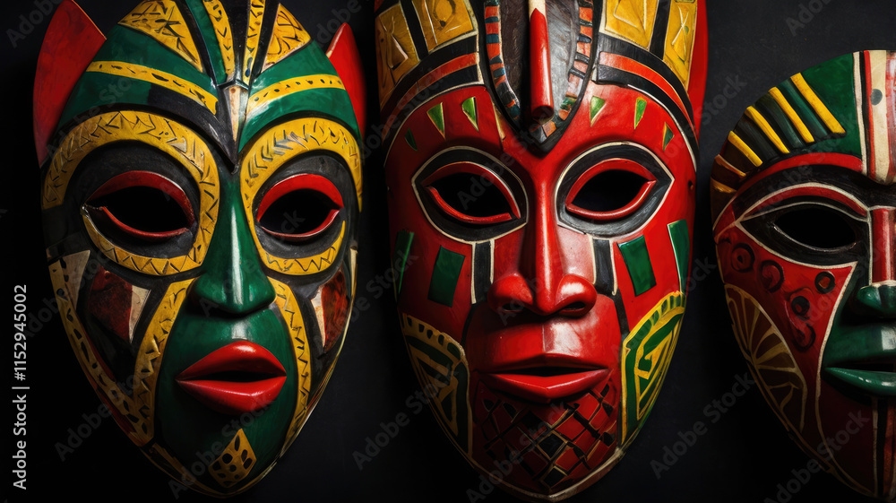 A collection of intricately carved and painted African masks showcasing vibrant colors and unique designs, reflecting rich cultural traditions and spiritual beliefs. A collection of intricately carved and painted African masks showcasing vibrant colors and unique designs, reflecting rich cultural traditions and spiritual beliefs.