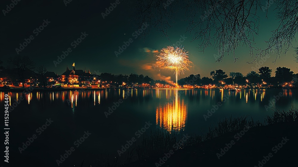New Years Eve Fireworks Reflection on Lake New Years Eve Fireworks Reflection on Lake