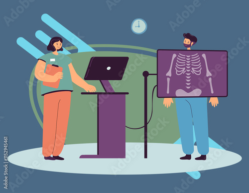 Cartoon patient getting X-ray during medical checkup in clinic. Doctor making diagnosis using body scanner, diagnostics research flat vector illustration. Radiology concept for banner, website design