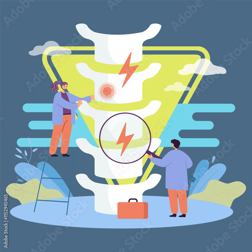 Chiropractors treating chronic back pain after spinal injury. Tiny persons making diagnosis flat vector illustration. Osteopathy, health, anatomy, treatment concept for banner or landing web page