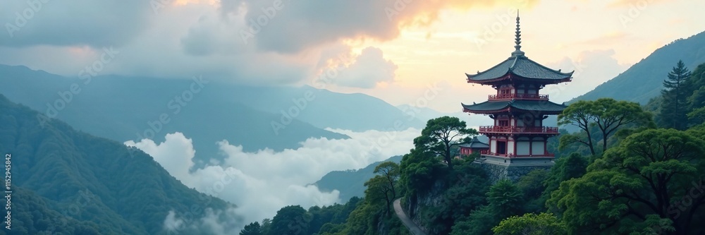 Cloudy sky casts a serene shade over a pagoda in the mountains, nature, misty, clouds Cloudy sky casts a serene shade over a pagoda in the mountains, nature, misty, clouds