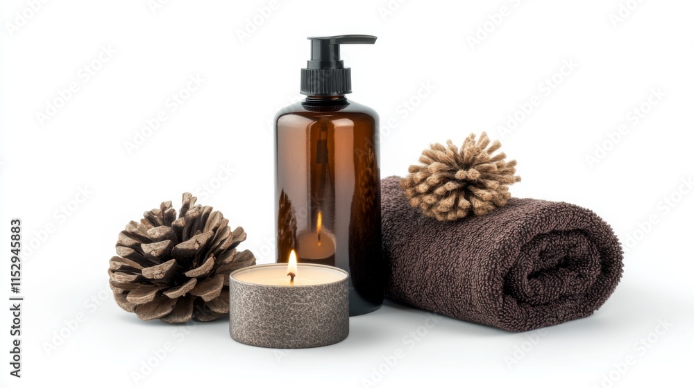 Aromatic spa setup with a brown towel, relaxing candle, and a natural soap dispenser. Perfect for wellness and relaxation. Experience tranquility now. Generative AI
