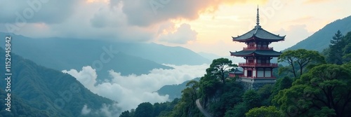 Wallpaper Mural Cloudy sky casts a serene shade over a pagoda in the mountains, nature, misty, clouds Torontodigital.ca