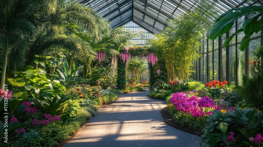 Lush greenery and vibrant flowers in a serene botanical garden greenhouse setting with natural light streaming through glass panels Lush greenery and vibrant flowers in a serene botanical garden greenhouse setting with natural light streaming through glass panels