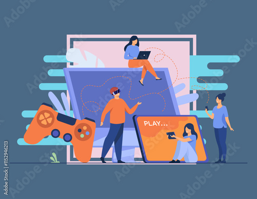 Gamers using different devices and playing on mobile phone, tablet, laptop, console. People enjoying VR 3G games. Vector illustration for cross play, game hardware concepts