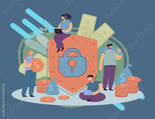 Finance insurance and safety concept. People protecting money and financial data, using shield and lock. Flat vector illustration for savings protection, bank clients, accounting topics