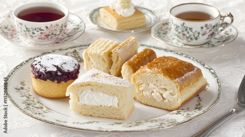 Assorted pastries and teacups on a table. Assorted pastries and teacups on a table.
